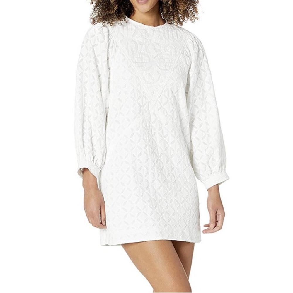 Joie White Textured Cotton Embroidered Shift Mini Dress L Coastal Quiet Luxury